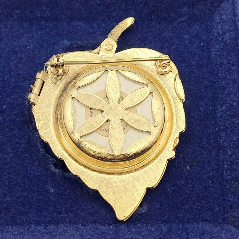 Vintage Avon Gold Tone Locket Brooch Perfume Leaf With Faux Pearl